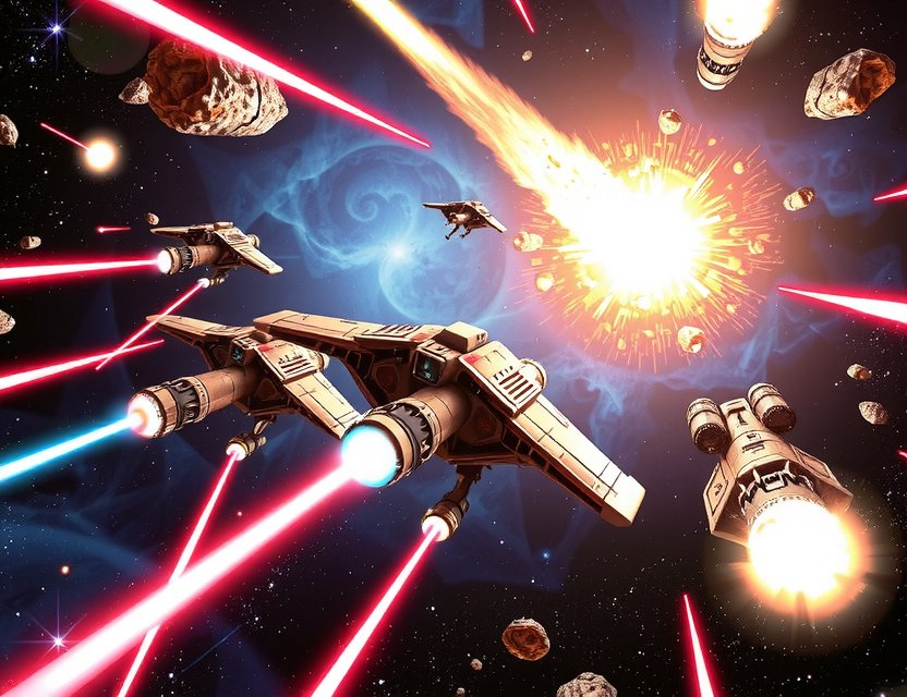 Nebula Assault - Sci-fi space battle game screenshot with exploding asteroids and laser fire