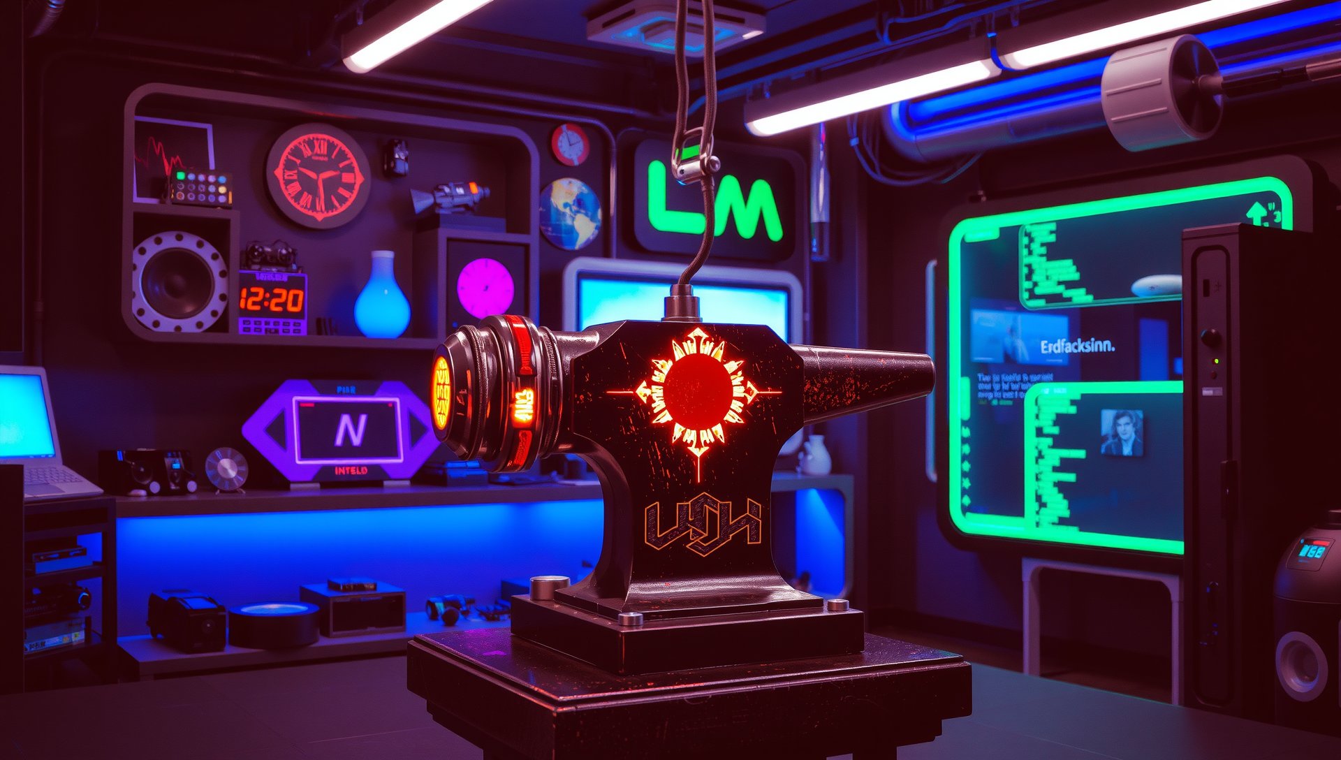 Futuristic anvil of creation in cyberpunk workshop for Gamerunx game development insights